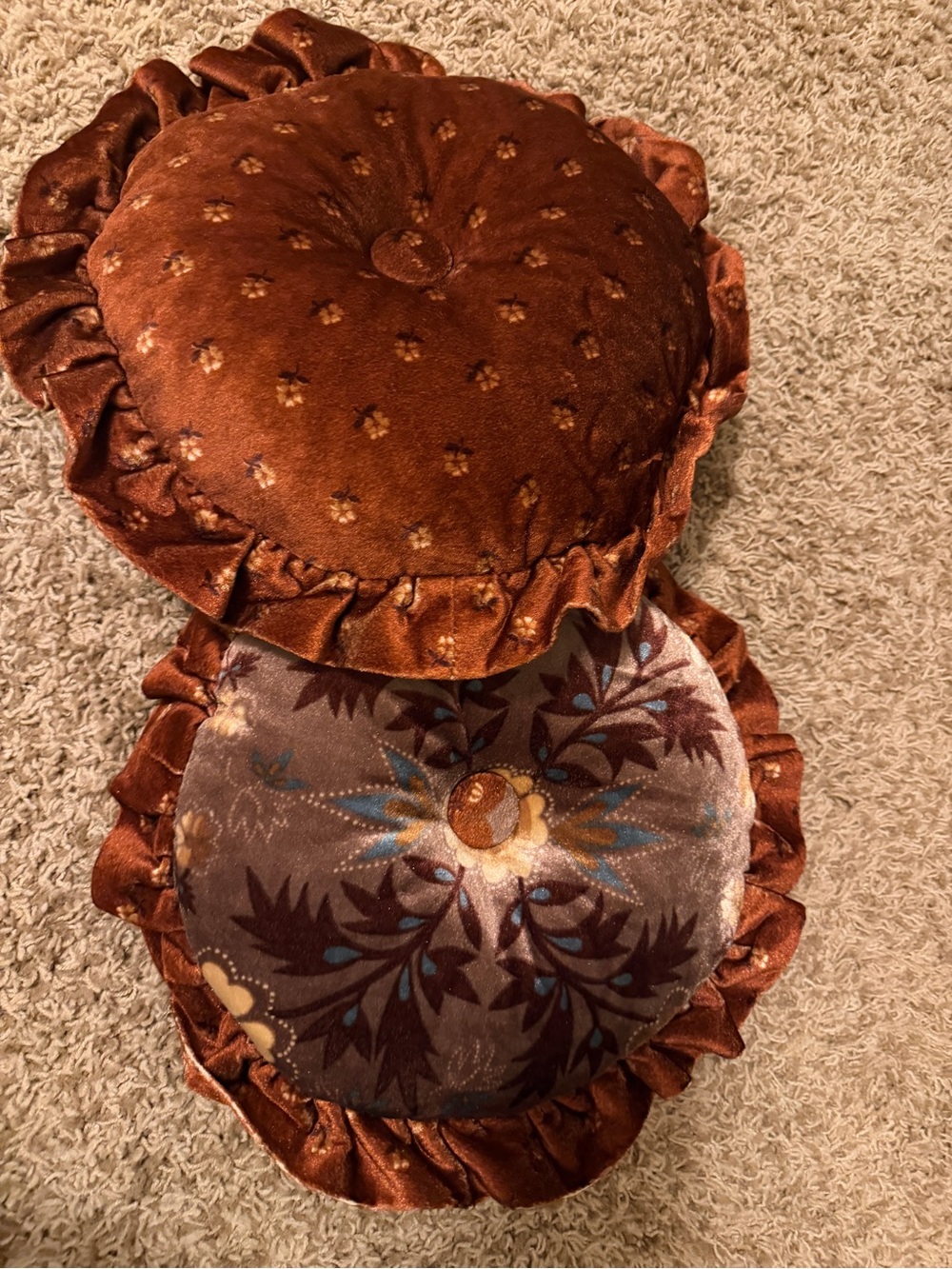 Vintage Velvet Ruffled Tufted Throw Pillows Pair Boho Cottagecore 70s 2 PC
